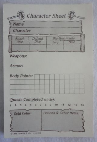 Heroquest Character Sheet Pad Hero Quest Replacement Part 53 Sheets