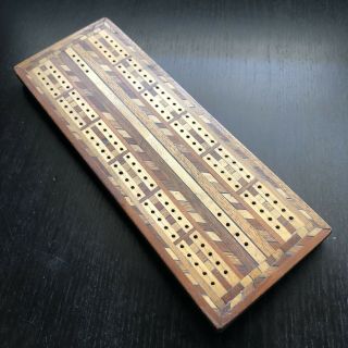 Fine Vintage Inlaid Wood Marquetry Art Cribbage Card Game Board Nr
