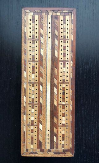 Fine Vintage Inlaid Wood Marquetry Art Cribbage Card Game Board NR 3