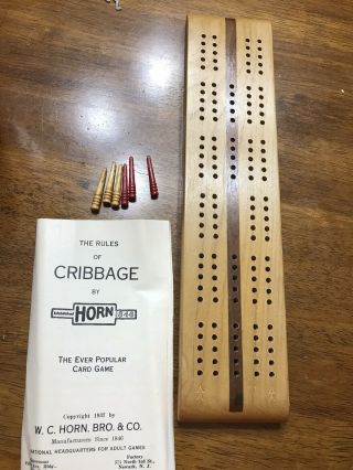 Vintage Horn Wooden Cribbage Board With Directions,  6 Pegs,  And Box.