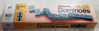 Vintage Mb Double Six Wood Dragon Dominoes,  Complete W/ Box & Instructions