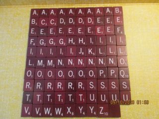 99 Maroon Burgundy Wood Scrabble Letter Tiles - 1976 Selchow & Righter