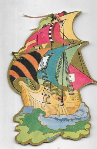 Art Deco Bridge Tally Card,  4 Inch Graphics Of A Pirate Type Sailing Ship Asea