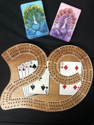 Cribbage “ 29” Shape Score Board.  With Pegs And Cards.  Wooden