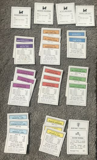 Vintage 1961 Monopoly Property Title Deed Cards Complete Set Of 28 Replacement