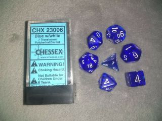 Chessex - Chx 23006 - Blue W/ White 7 Translucent Polyhedral Die Set W/ Case