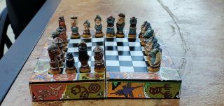 Vintage Hand Painted Ceramic Native American Indian And Colonists Full Chess Set