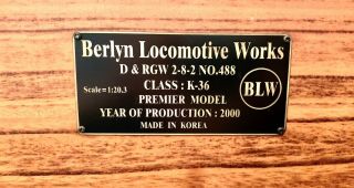 In Open Box Berlyn Locomotive D&rgw K - 36 2 - 8 - 2 Number 488 1:20.  3 Scale