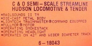 Lionel 6 - 18043 Chesapeake & Ohio Streamlined Hudson & Tender W/rsii Ln/box
