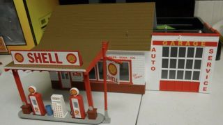 ✅mth Railking Shell Country Gas Service Station Garage Building Pumps Detailed