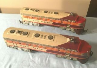 2 Vintage Unique Art O Scale Tin Litho Rock Island 2000 Train Engines