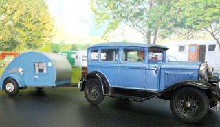 Orig Hubley Ford Model A 4 Door Sedan Built W/ Teardrop Travel Trailer G Scale