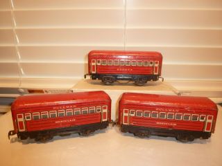Trio Of Marx O - Gauge 4 - Wheel Tin Train Illuminated Red Passenger Coaches