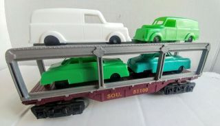 Marx Trains Sou 51100 Auto Transport Flat Car With 4 Vehicles Deluxe Trucks