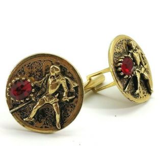 Gold Tone Cufflinks Medieval Knight W Sword Red Gem Fashion Accessories
