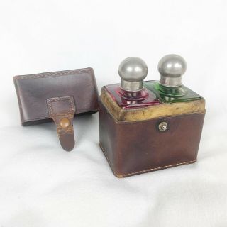 Vintage Leather Travel Case With 2 Glass Bottles Pink Green Liquor Bar Perfume