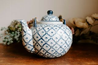 Vintage Andrea By Sadek Teapot Blue White Gold Brass Handle Porcelain Ceramic