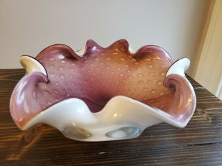 Vintage Mid Century Murano Art Glass Bullicante White Purple Gold Ashtray Bowl