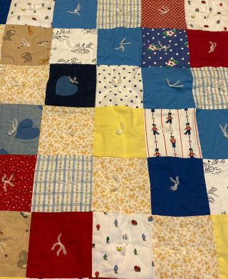 Vintage Handmade Baby Patchwork Quilt 46” X 40” Tied Blue Red Yellow Gold Unisex