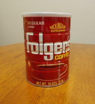 Vintage Folgers Red Metal/tin Coffee Can With Lid In Vg