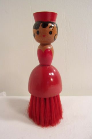 Vintage Wooden Vanity Figural Woman In Red Dress Brush Japan 5 1/4 "