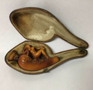 Antique Hand Carved Meerschaum Pipe Of Lady With Guitar Instrument