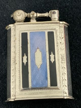 Vintage Evans Lift Arm Pocket Lighter - Blue & Black Glass Enamel Design