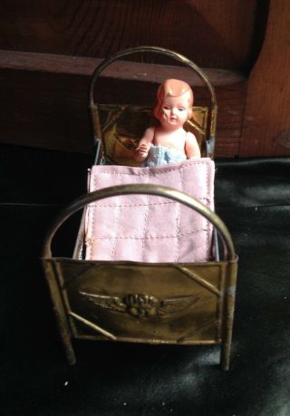 Antique Vintage Miniature Dolls House Brass Bed Angel And Celluloid Doll German