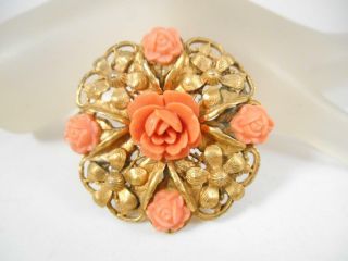 Very Pretty Vintage 1940s Celluloid Coral Color Rose Flower Brooch 9j