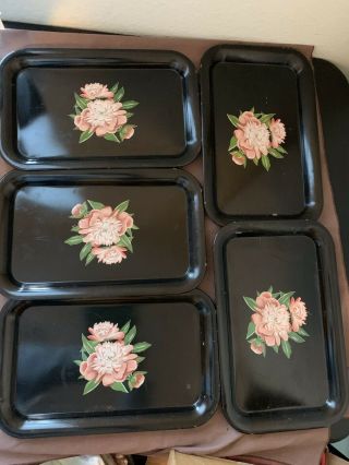 Vintage Metal Lap Dinner Serving Tray,  Set Of 5 Black/pink Flower