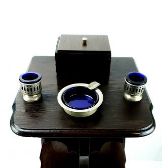 Vintage Wood 3 Shelf Cobalt Blue Glass Ashtray & Match Holder Smoking Stand