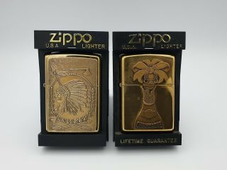 2 Zippo Lighters Barrett Smythe Solid Brass Indian Chief Champagne Trick Nos