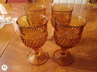 Vintage Indiana Glass Amber Diamond Point Goblets Stemware Set Of Four