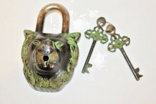 Vintage Lock Lion Head Brass Shaped Style Padlock W/2 Keys