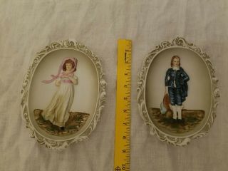 2 Vintage Lefton China Hand Painted Wall Plaque Victorian Woman Man Romantic