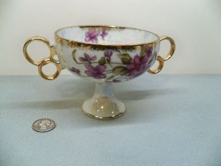 Vintage/antique Hand Painted? Footed Small Bowl With Handles Iridescent