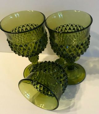 Vintage Indiana Glass Olive Green Diamond Point Wine Glass/goblet Set Of 3