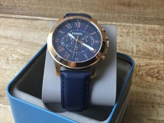 Fossil Grant Fs4835ie Chronograph Watch Rose Gold & Navy Blue Leather Strap