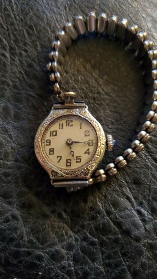 Vintage Bulova Ladies Wristwatch,  Solid 14k White Gold,  Sapphire,  Wg On Sterling