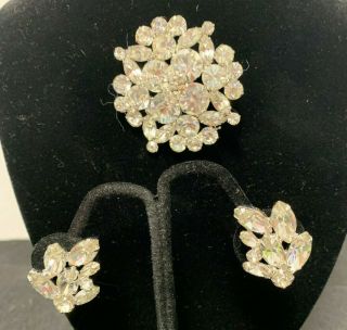 Huge Rare Vintage Signed Weiss Clear Rhinestone Brooch And Earrings