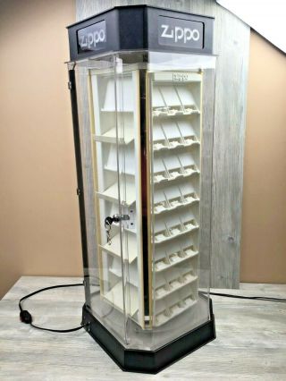 Vintage Lighted & Rotating Zippo Countertop Display Case Holds 96 Lighters