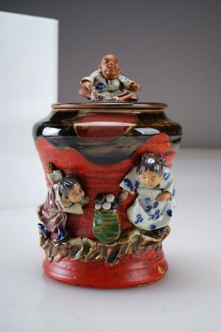 Antique Japanese Sumida Gawa Pottery Humidor Jar Inoue Ryosai Signed Meiji Era