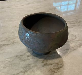 Vintage Black Raku Art Pottery Pot Vase Bowl Green Red Iridescent Flashes Signed