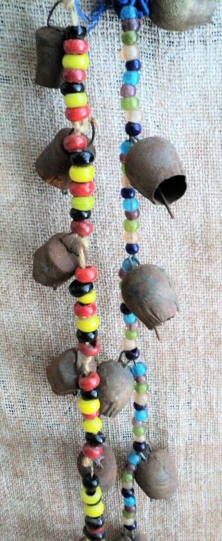 2 Vintage Long Strings Of Copper Brass Bells With Glass Beads 23 " & 31 " Garden
