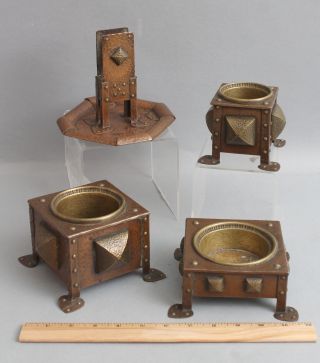 Antique Arts & Crafts Hand Hammered Copper Brass Match Cigar Holders Smoking Set