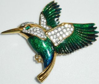 Vintage Signed A & S Green Blue Enameled Clear Rhinestone Brooch Pin