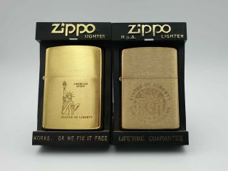 2 Zippo Lighters Statue Of Liberty Ny York Solid Brass 1932 - 1989 1994 Nos