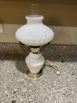 Vintage White Milk Glass Hobnail Hurricane Table Lamp Ruffled Top Shade