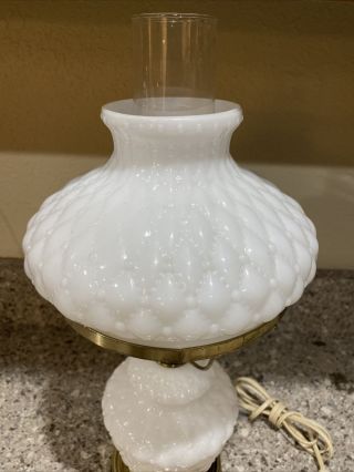 Vintage White Milk Glass Hobnail Hurricane Table Lamp Ruffled Top Shade 2