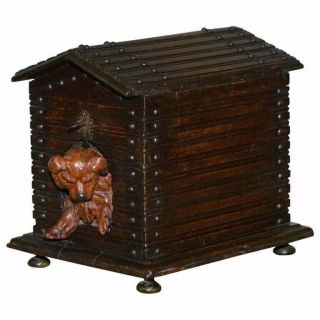 Rare 19th Century Black Forest Wood Cigar Box Humidor With Angry Dog Kennel